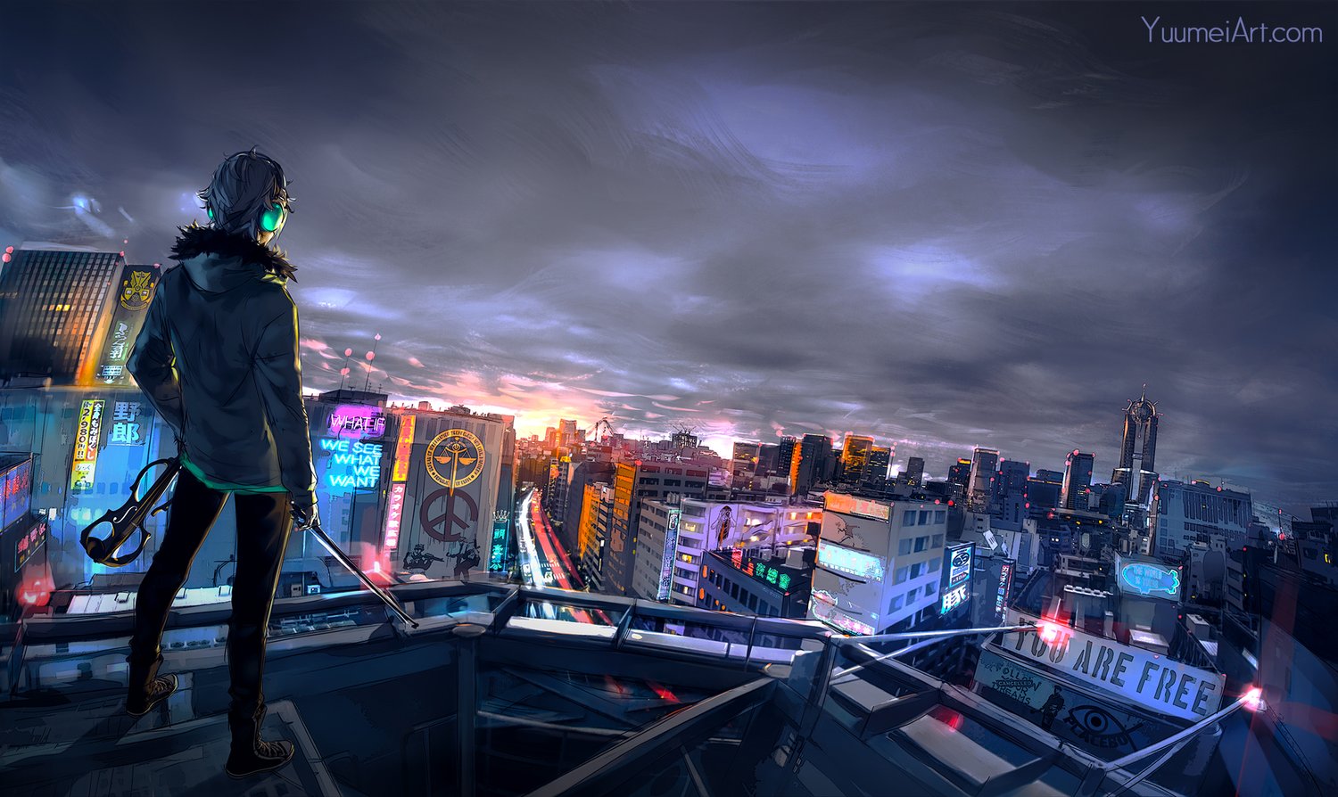 A neon cityscape at night, by Yuumei.