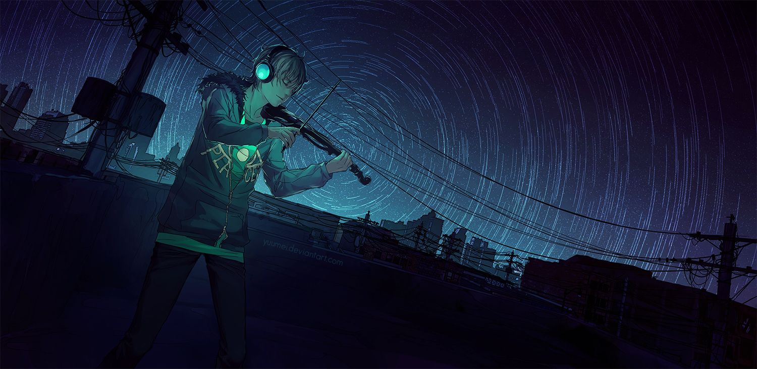 A figure amid swirling wind and light, by Yuumei.